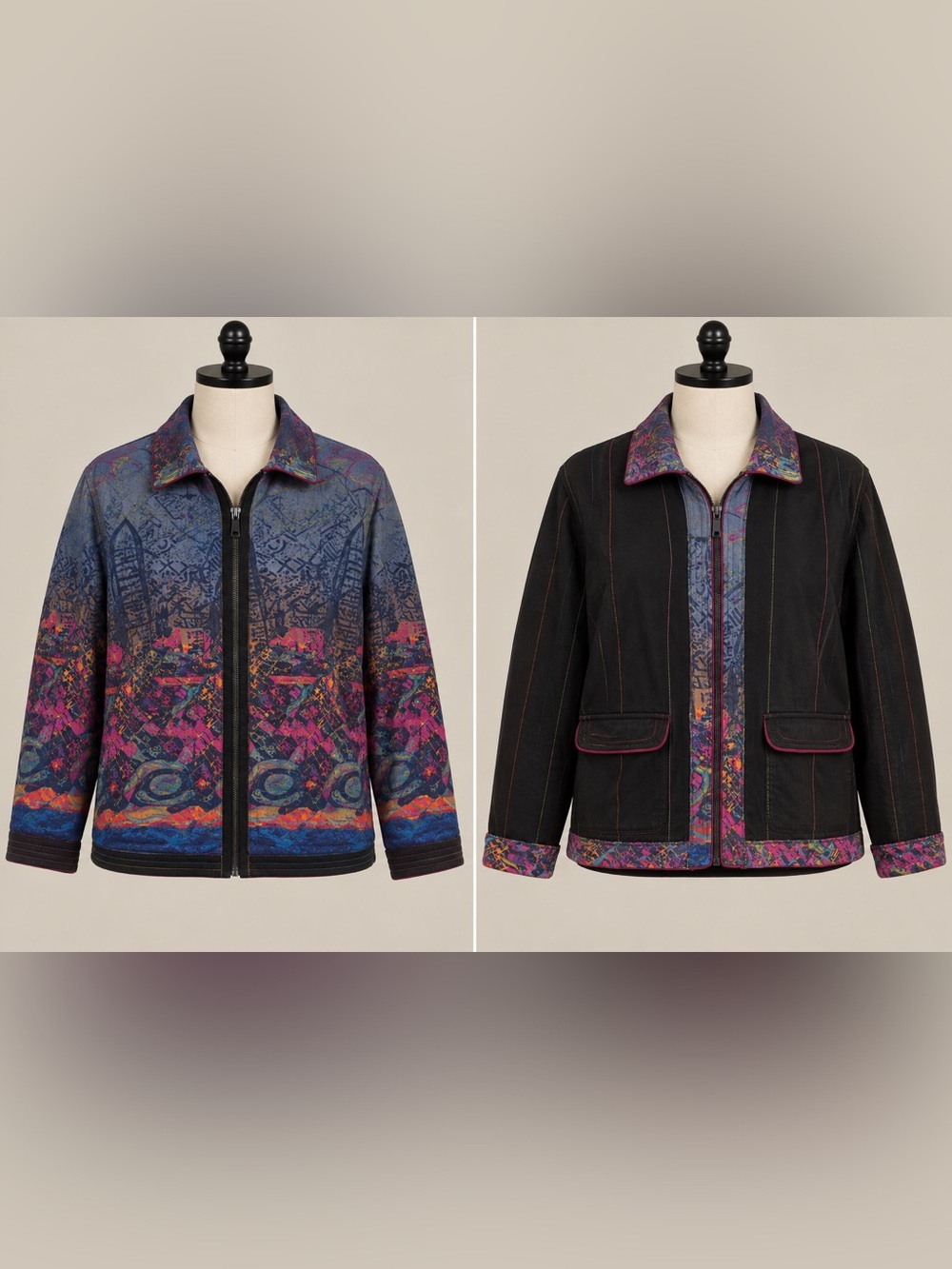 Vintage 90s Reversible Quilted Graffiti Abstract Art Zip Jacket Plus